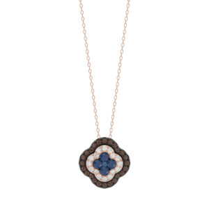 Fashion Pendant 14K Rose Gold 0.60Ct Dark Brown & Blue Diamond Cluster Halo Pendant For Women Round Diamond Ladies Fine Jewelry