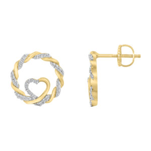 LADIES 10K YELLOW GOLD 0.15CT TWISTED CIRCLE ROUND DIAMOND HEART EARRINGS