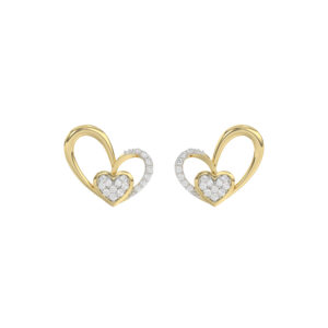 Elegant 10K Yellow Gold Fashion Earrings Featuring A Double Heart Design With 0.15 Ct Round Diamonds. A Romantic And Stylish Ladies Jewelry