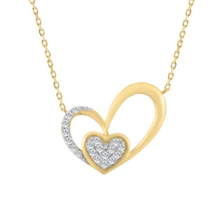 10K YELLOW GOLD DOUBLE HEART DIAMOND PENDANT WITH CHAIN 0.15CT ROUND DIAMOND LADIES JEWELRY