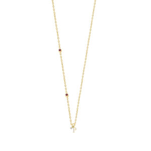 Stylish 10K Yellow Gold Ladies “P” Letter Necklace Featuring Round Ruby Diamonds And Pearl Accents. A Delicate And Personalized Fine Jewelry