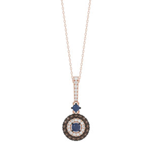 Luxury 14K Rose Gold Ladies Pendant With Chain Featuring Blue And Dark Brown & Round Diamonds. 0.50 Ct Elegant Jewelry Piece Perfect For Gifting.
