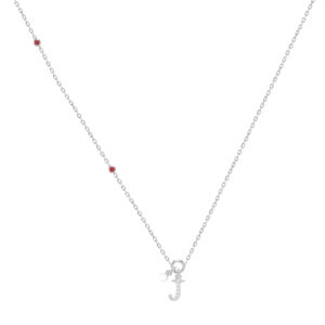 Sterling Silver Ladies 0.10CT Round/Ruby Diamond Pearl “J” Alphabet Necklace Elegant Initial Jewelry